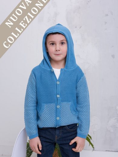Cardigan cotone organico con cappuccio azzurro