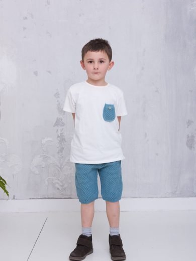 Pantaloncini al ginocchio in cotone organico azzurro mare, clorofilla e indaco, YAMUNA (fiume sacro)